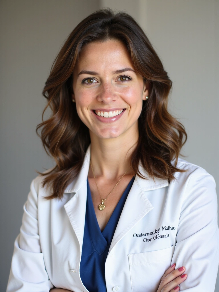 Professzionális portré egy mosolygó dietetikusról, magabiztos és megközelíthető megjelenéssel.