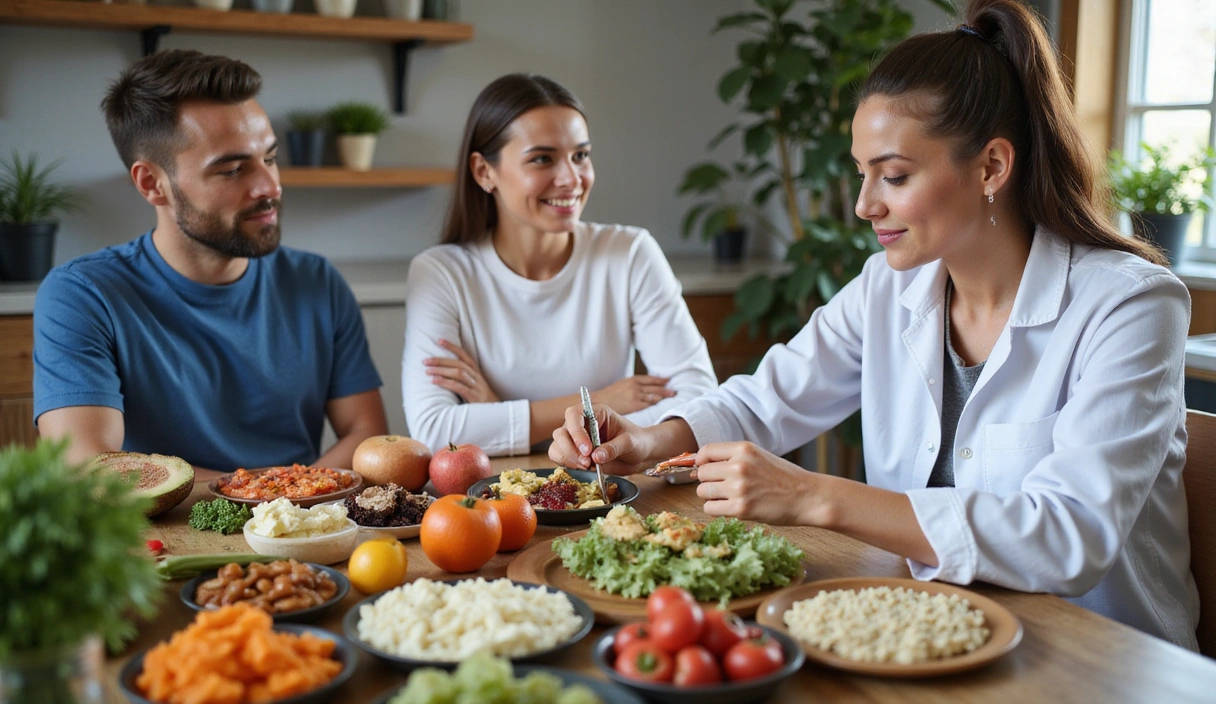 Különböző egészséges ételek asztalon, egy dietetikus konzultál egy pácienssel, változatos emberek élvezik az egészséges életmódot.