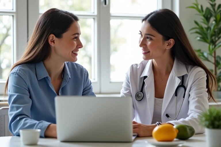 A dietetikus és a páciens online konzultációja egy laptopon keresztül, ahol táplálkozási tervet beszélnek meg.